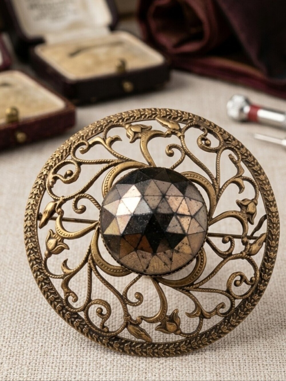 Antique 19th Century Victorian Brass Sash Brooch Cut Steel Faceted Dome